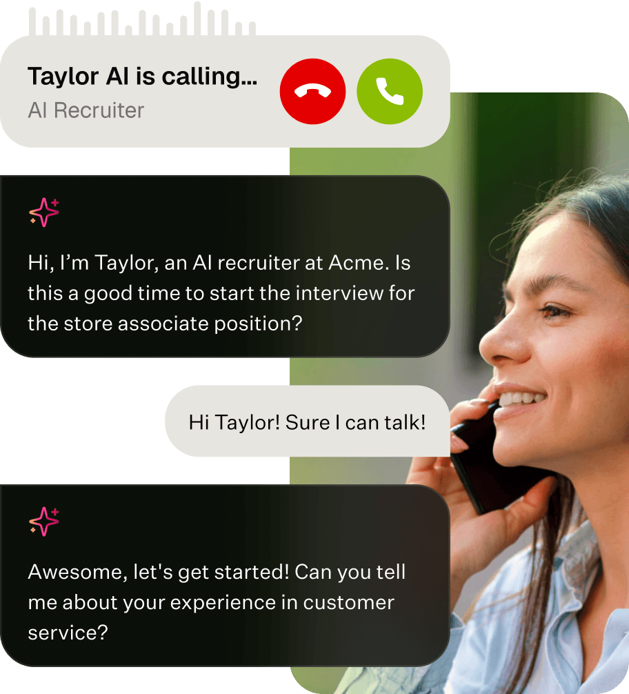 Woman talking on phone to AI interviewer